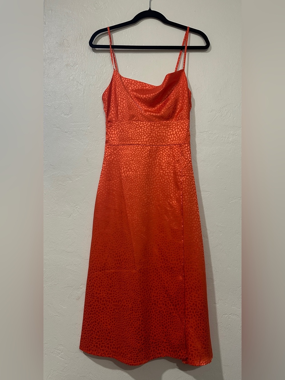 Lulus Orange Satin Jacquard Midi Dress XS Cowl Neck Slip Dress